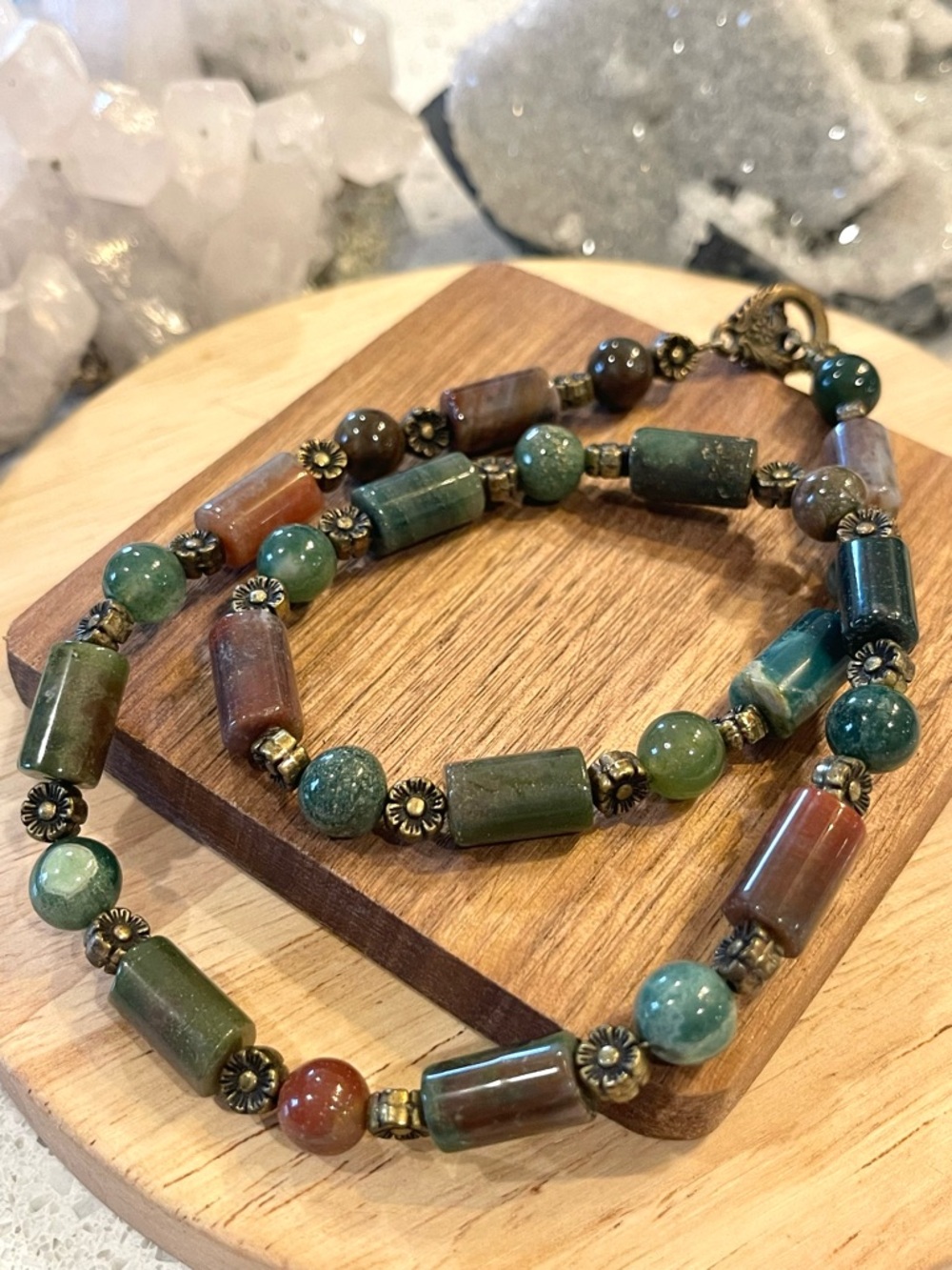 🌑India Agate Gemstone Beaded Toggle Artisan Necklace 18”🌑